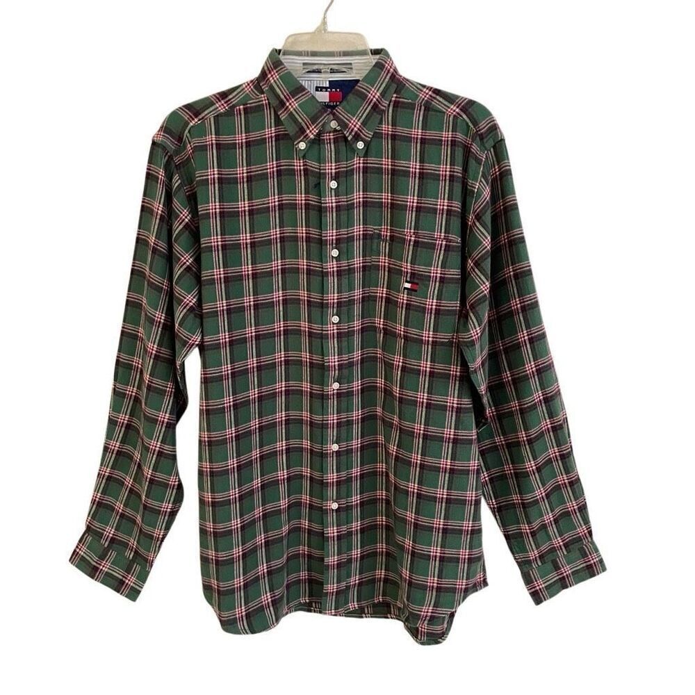 Vintage Tommy Hilfiger green plaid flannel button-down shirt big boys XL New